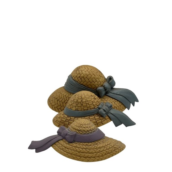 Vintage 1987 Home Interiors Burwood Set of 3 Straw Hats Blue Ribbons Wall Decor. - Picture 1 of 5